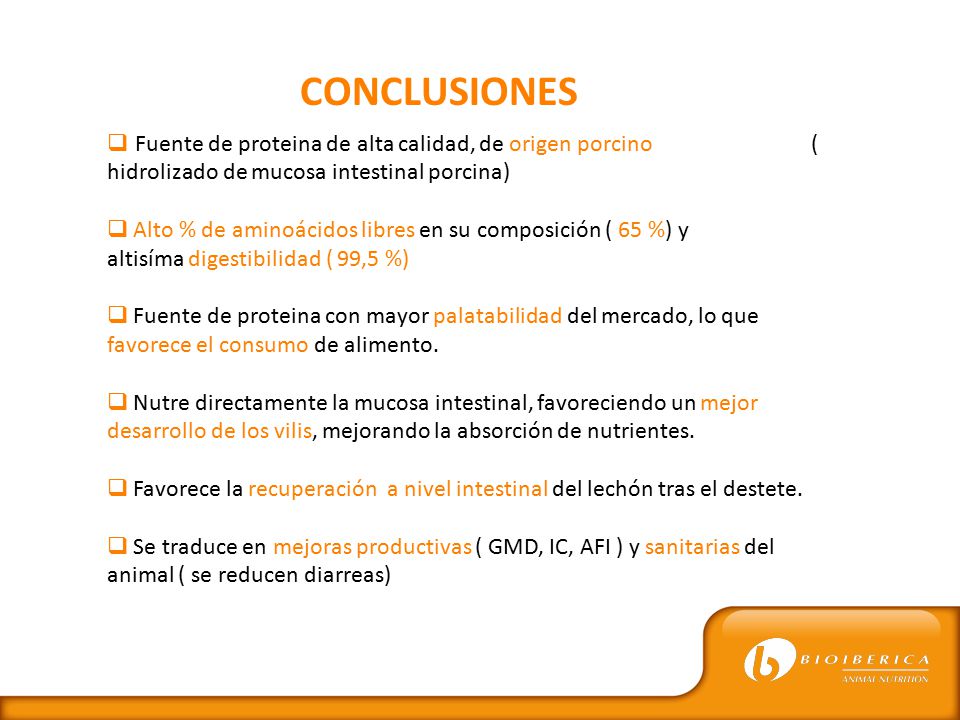 CONCLUSIONES Fuente de proteina de alta calidad, de origen porcino ( hidrolizado de mucosa intestinal porcina)