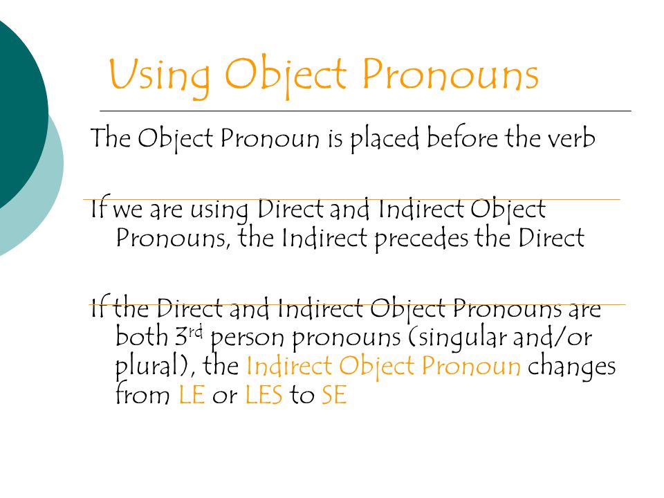 Using Object Pronouns The Object Pronoun is placed before the verb