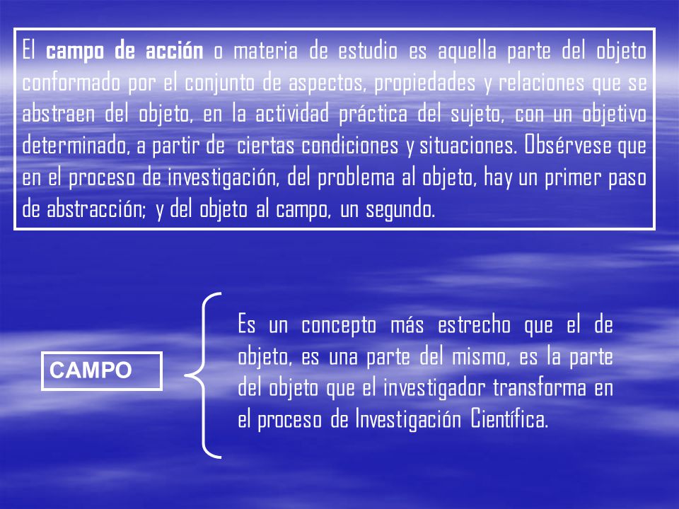 El campo de acción o materia de estudio es aquella parte del objeto conformado por el conjunto de aspectos, propiedades y relaciones que se abstraen del objeto, en la actividad práctica del sujeto, con un objetivo determinado, a partir de ciertas condiciones y situaciones. Obsérvese que en el proceso de investigación, del problema al objeto, hay un primer paso de abstracción; y del objeto al campo, un segundo.