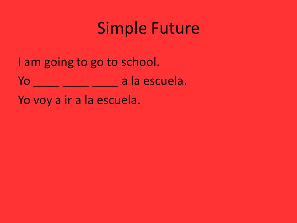 Simple Future I am going to go to school. Yo ____ ____ ____ a la escuela. Yo voy a ir a la escuela.