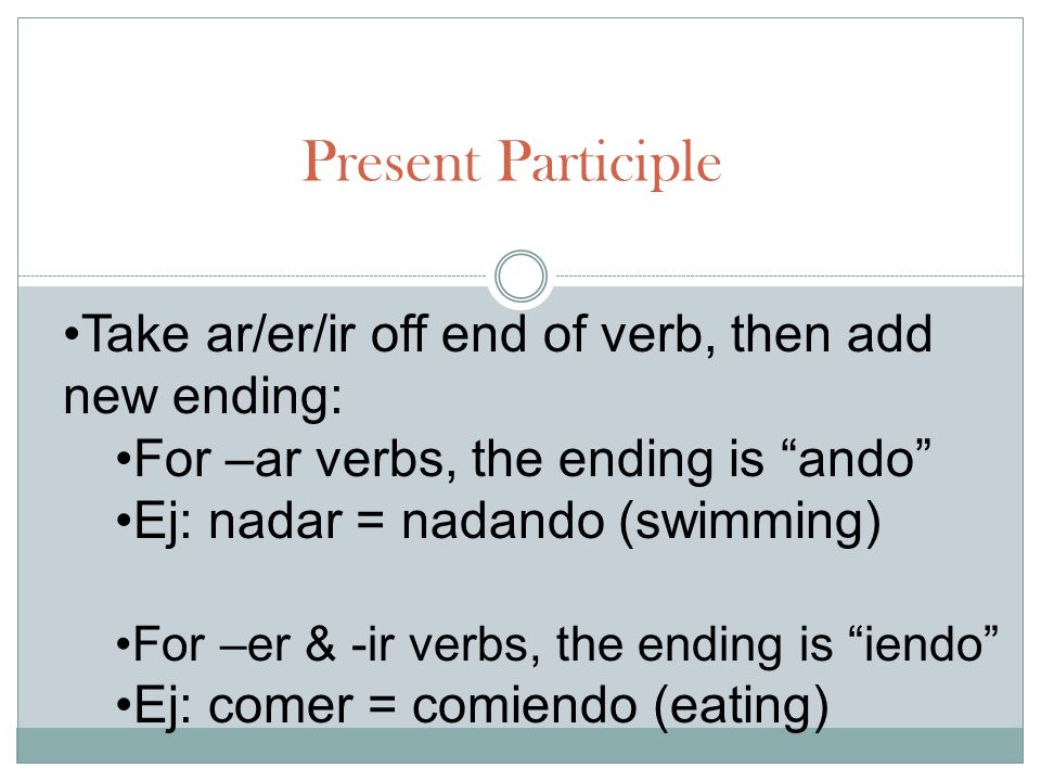 Present Participle Take ar/er/ir off end of verb, then add new ending: