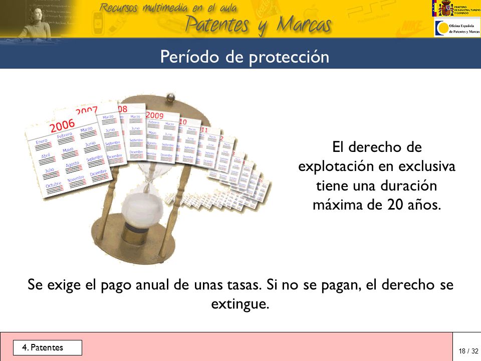 Período de protección El derecho de explotación en exclusiva tiene una duración máxima de 20 años.