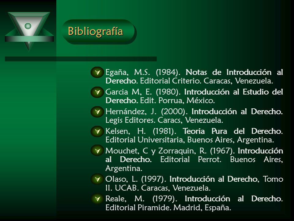 Bibliografía Egaña, M.S. (1984). Notas de Introducción al Derecho. Editorial Criterio. Caracas, Venezuela.