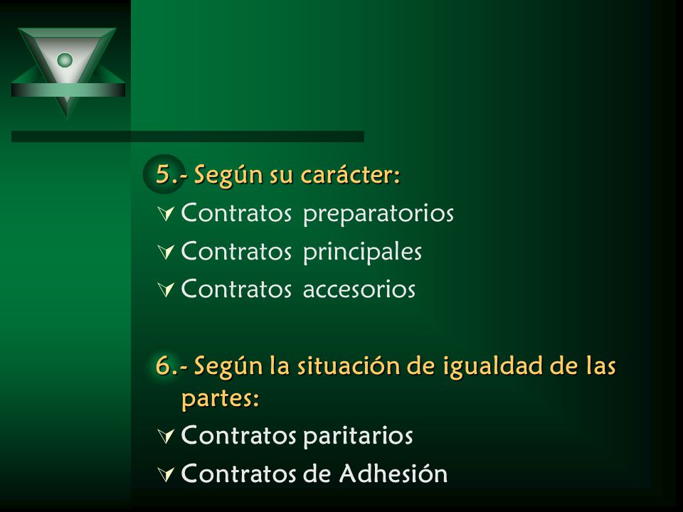 5.- Según su carácter: Contratos preparatorios. Contratos principales. Contratos accesorios. 6.- Según la situación de igualdad de las partes: