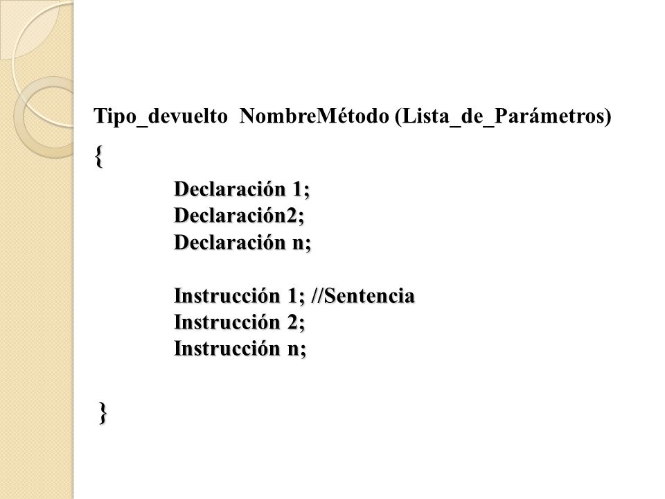 { } Tipo_devuelto NombreMétodo (Lista_de_Parámetros) Declaración 1;