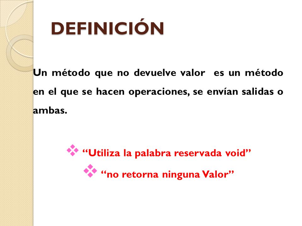 Utiliza la palabra reservada void no retorna ninguna Valor