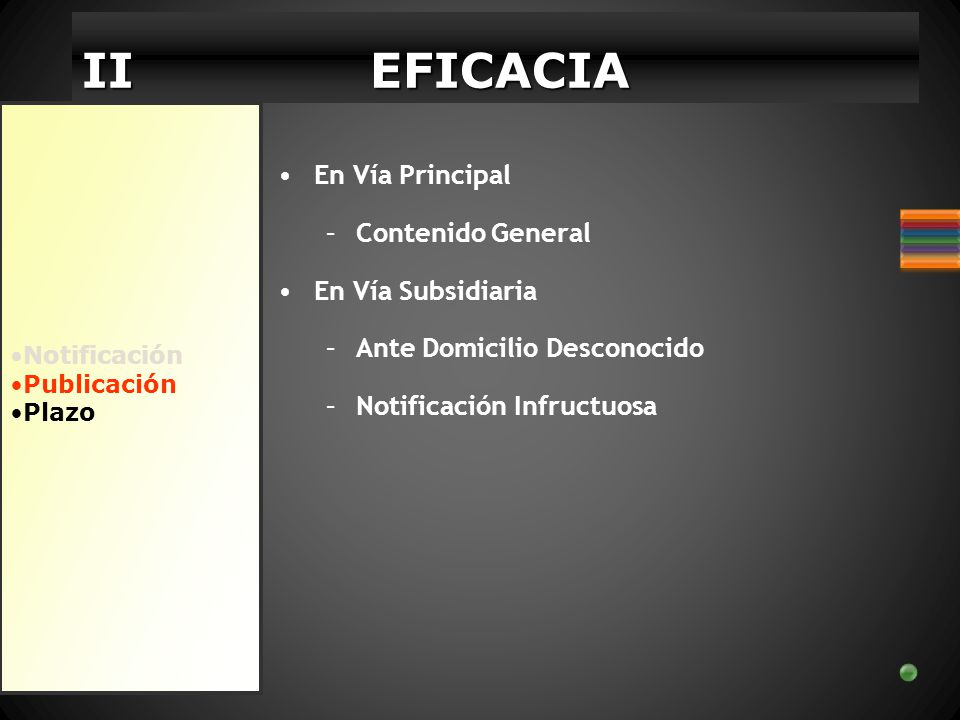 II EFICACIA En Vía Principal Contenido General En Vía Subsidiaria