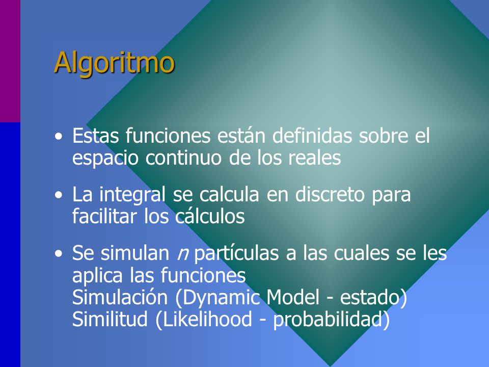 Algoritmo Estas funciones están definidas sobre el espacio continuo de los reales. La integral se calcula en discreto para facilitar los cálculos.