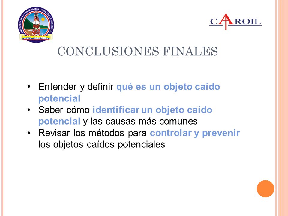 CONCLUSIONES FINALES Entender y definir qué es un objeto caído potencial. Saber cómo identificar un objeto caído potencial y las causas más comunes.