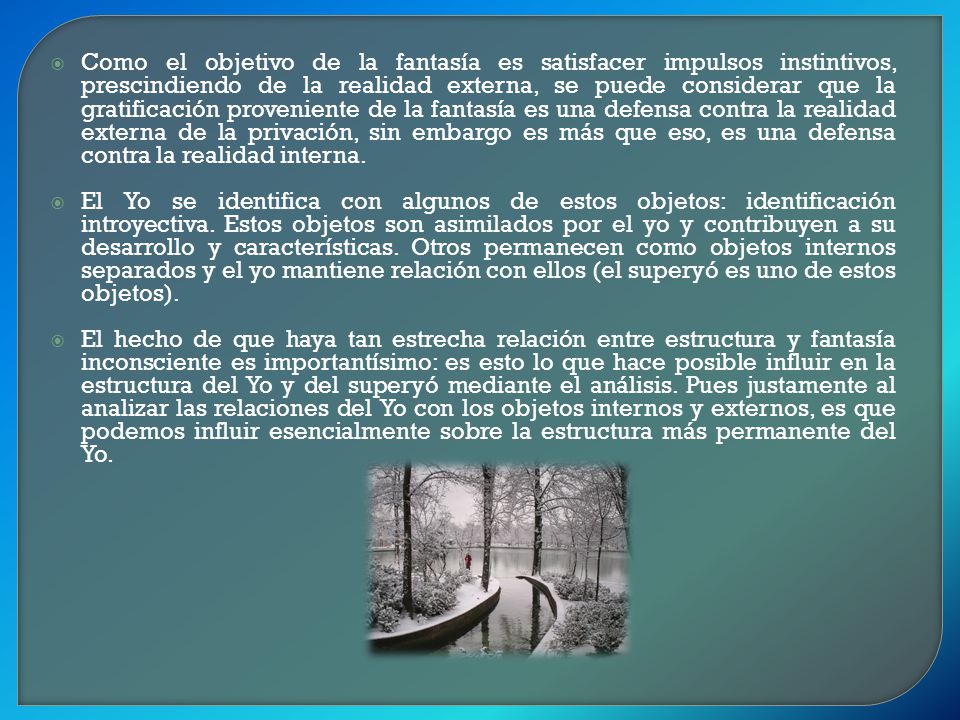 Como el objetivo de la fantasía es satisfacer impulsos instintivos, prescindiendo de la realidad externa, se puede considerar que la gratificación proveniente de la fantasía es una defensa contra la realidad externa de la privación, sin embargo es más que eso, es una defensa contra la realidad interna.