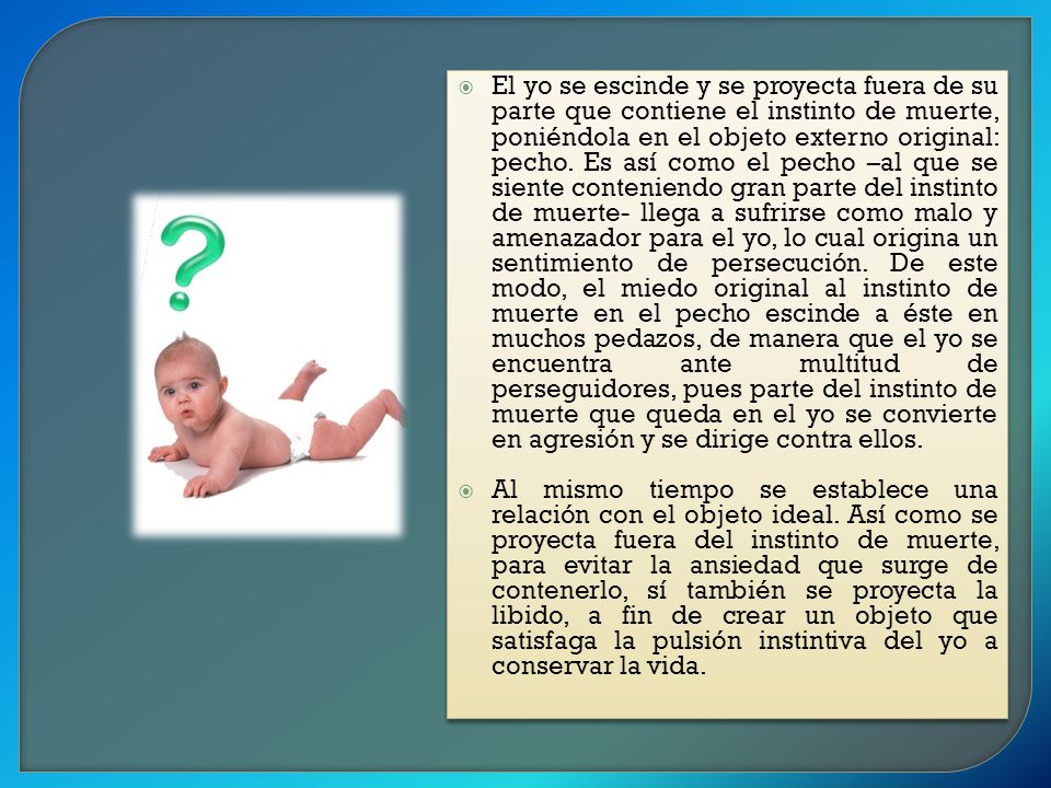 El yo se escinde y se proyecta fuera de su parte que contiene el instinto de muerte, poniéndola en el objeto externo original: pecho. Es así como el pecho –al que se siente conteniendo gran parte del instinto de muerte- llega a sufrirse como malo y amenazador para el yo, lo cual origina un sentimiento de persecución. De este modo, el miedo original al instinto de muerte en el pecho escinde a éste en muchos pedazos, de manera que el yo se encuentra ante multitud de perseguidores, pues parte del instinto de muerte que queda en el yo se convierte en agresión y se dirige contra ellos.