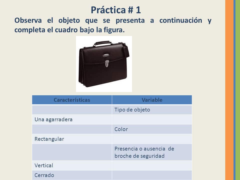 Práctica # 1 Observa el objeto que se presenta a continuación y completa el cuadro bajo la figura. Características.
