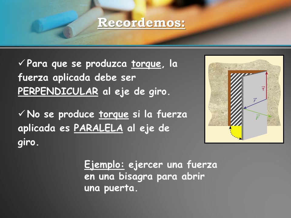 Recordemos: Para que se produzca torque, la fuerza aplicada debe ser PERPENDICULAR al eje de giro.