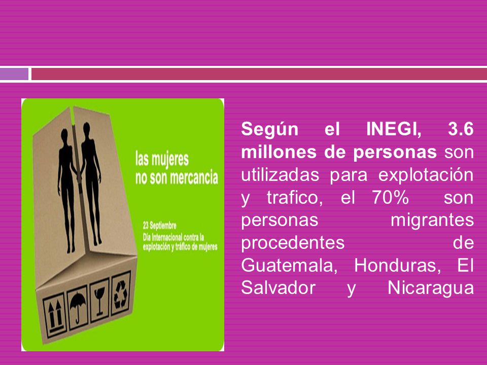 Según el INEGI, 3.6 millones de personas son utilizadas para explotación y trafico, el 70% son personas migrantes procedentes de Guatemala, Honduras, El Salvador y Nicaragua