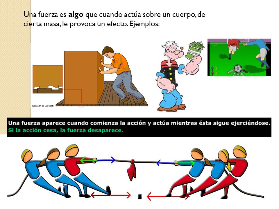 Una fuerza es algo que cuando actúa sobre un cuerpo, de cierta masa, le provoca un efecto. Ejemplos: