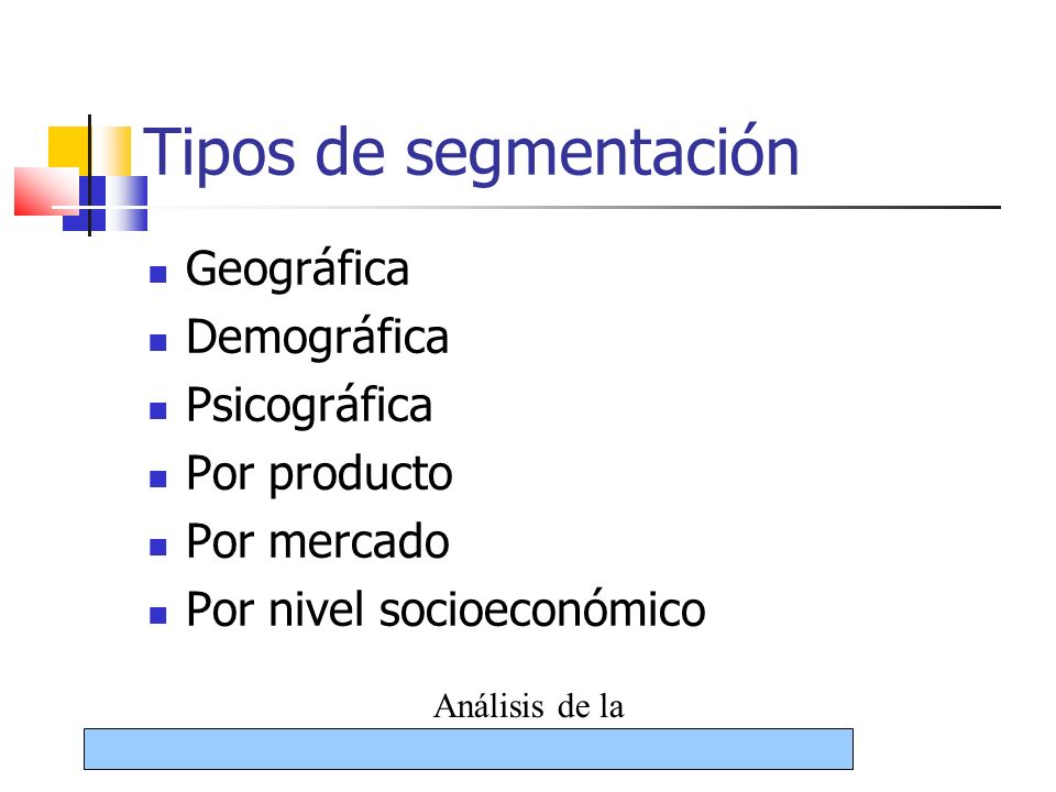 Tipos de segmentación Geográfica Demográfica Psicográfica Por producto
