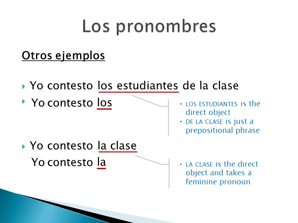 Los pronombres Otros ejemplos Yo contesto los estudiantes de la clase