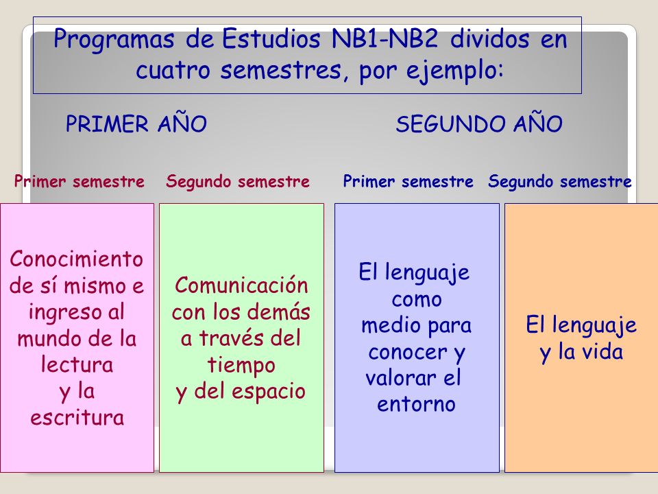 Programas de Estudios NB1-NB2 dividos en cuatro semestres, por ejemplo: