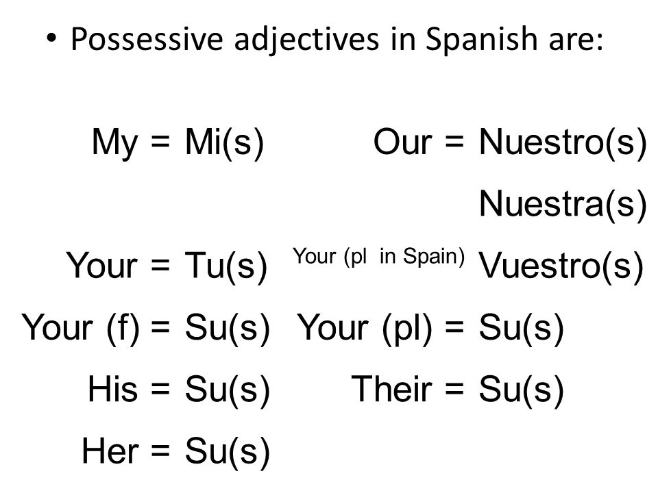 Possessive adjectives in Spanish are: My = Mi(s) Our = Nuestro(s)