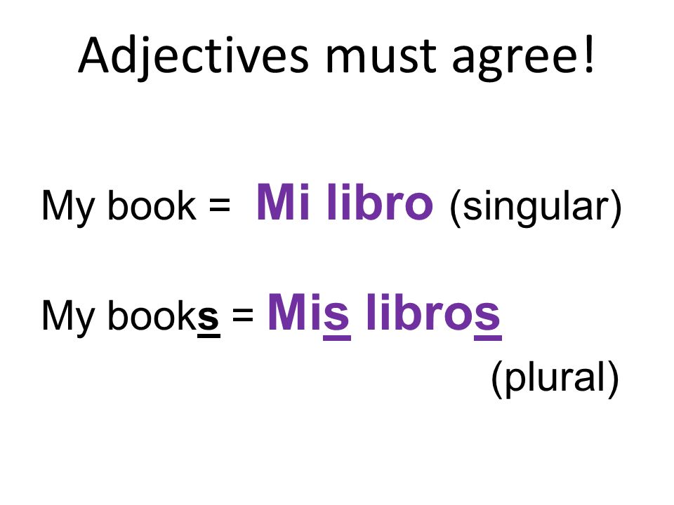 Adjectives must agree! (plural) My book = Mi libro (singular)