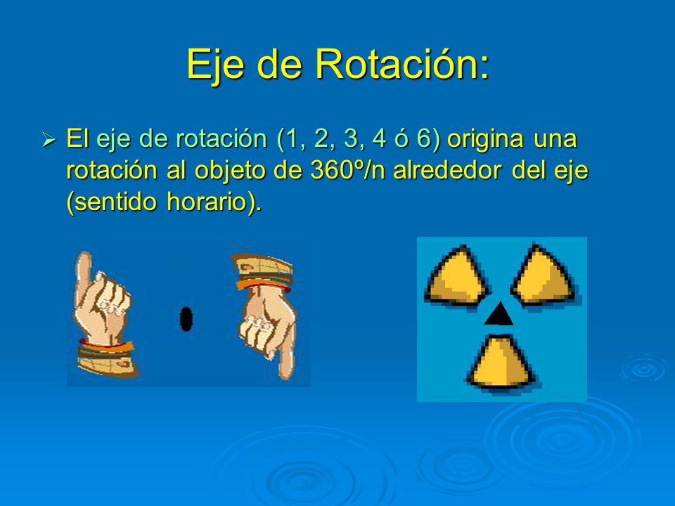 Eje de Rotación: El eje de rotación (1, 2, 3, 4 ó 6) origina una rotación al objeto de 360º/n alrededor del eje (sentido horario).