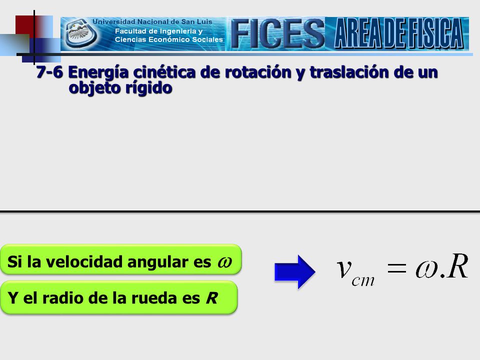 AREA DE FISICA 7-6 Energía cinética de rotación y traslación de un objeto rígido. Si la velocidad angular es 