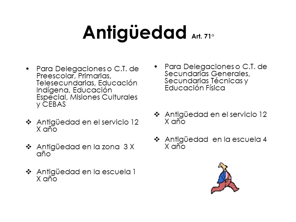 Antigüedad Art. 71° Para Delegaciones o C.T. de Secundarias Generales, Secundarias Técnicas y Educación Física.