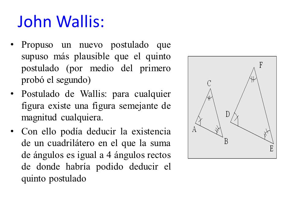 John Wallis: Propuso un nuevo postulado que supuso más plausible que el quinto postulado (por medio del primero probó el segundo)