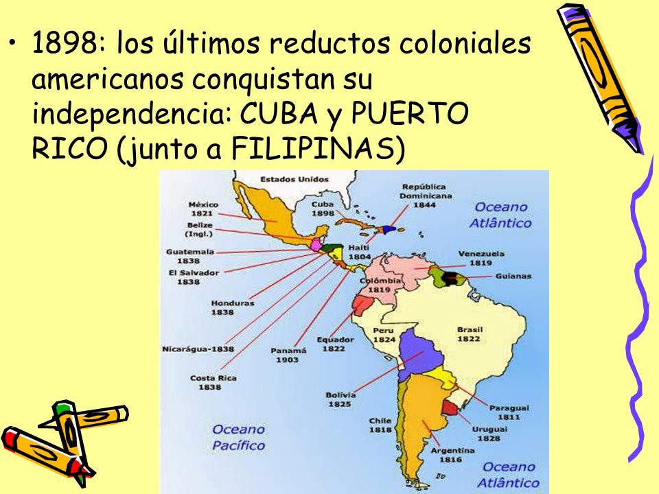 1898: los últimos reductos coloniales americanos conquistan su independencia: CUBA y PUERTO RICO (junto a FILIPINAS)