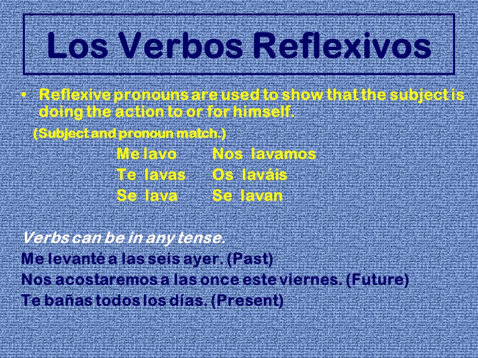 Los Verbos Reflexivos Reflexive pronouns are used to show that the subject is doing the action to or for himself.