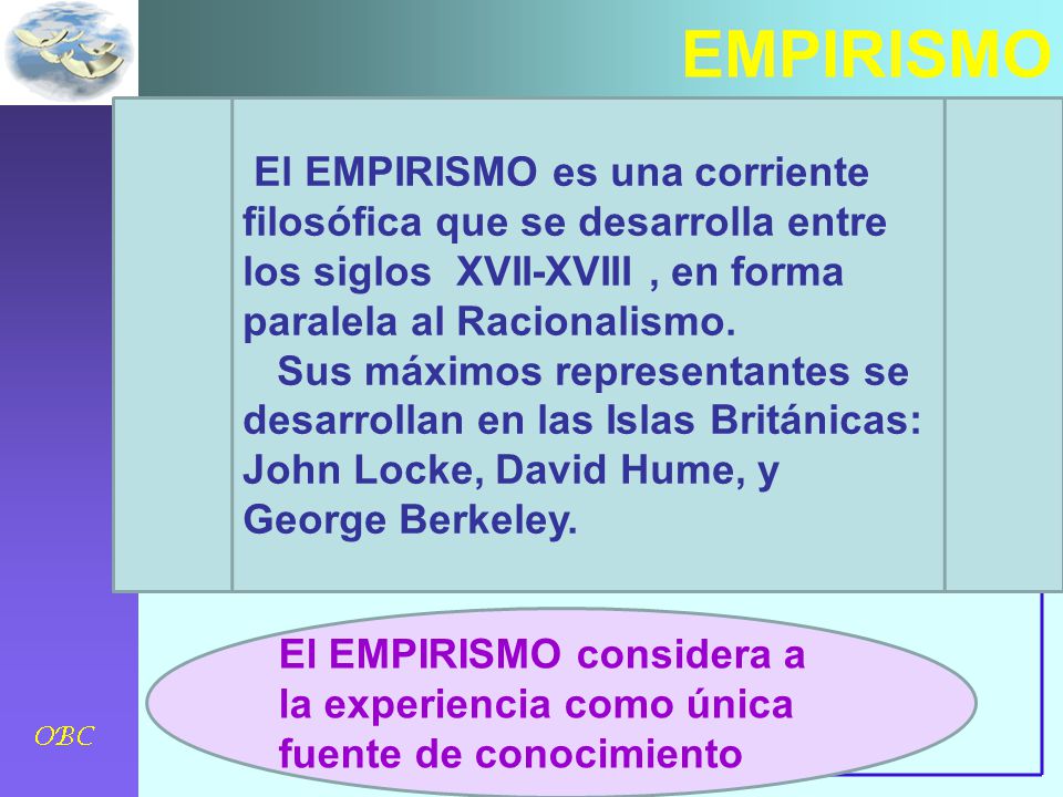 EMPIRISMO El EMPIRISMO es una corriente filosófica que se desarrolla entre los siglos XVII-XVIII , en forma paralela al Racionalismo.
