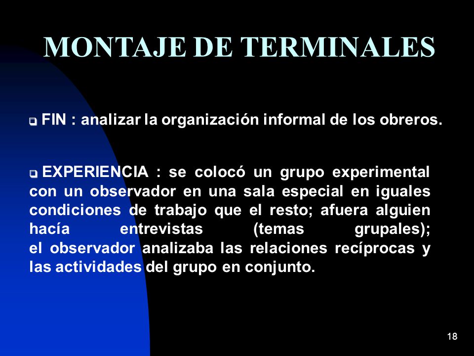 MONTAJE DE TERMINALES FIN : analizar la organización informal de los obreros.