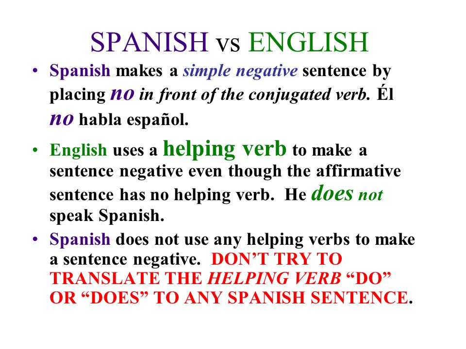SPANISH vs ENGLISH Spanish makes a simple negative sentence by placing no in front of the conjugated verb. Él no habla español.
