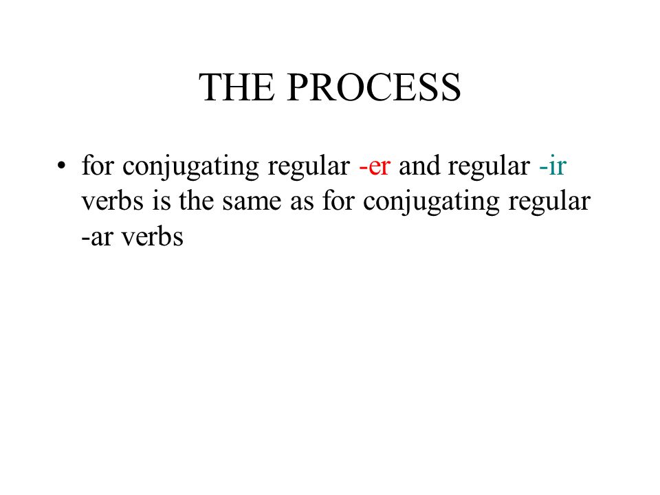 THE PROCESS for conjugating regular -er and regular -ir verbs is the same as for conjugating regular -ar verbs.