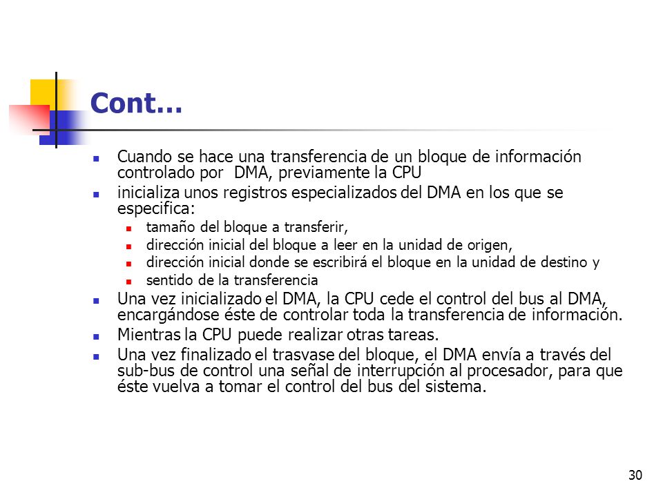 Cont… Cuando se hace una transferencia de un bloque de información controlado por DMA, previamente la CPU.
