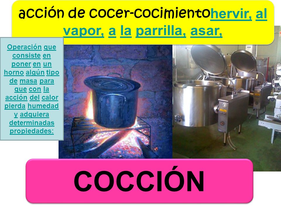 acción de cocer-cocimientohervir, al vapor, a la parrilla, asar,