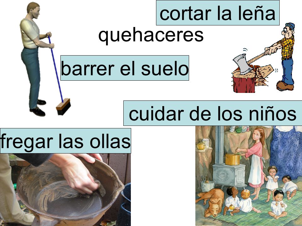 cortar la leña quehaceres barrer el suelo cuidar de los niños fregar las ollas