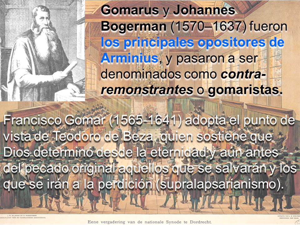Gomarus y Johannes Bogerman (1570–1637) fueron los principales opositores de Arminius, y pasaron a ser denominados como contra-remonstrantes o gomaristas.