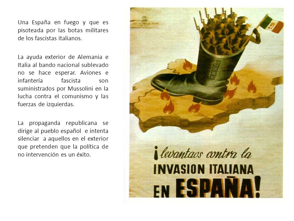Una España en fuego y que es pisoteada por las botas militares de los fascistas italianos.