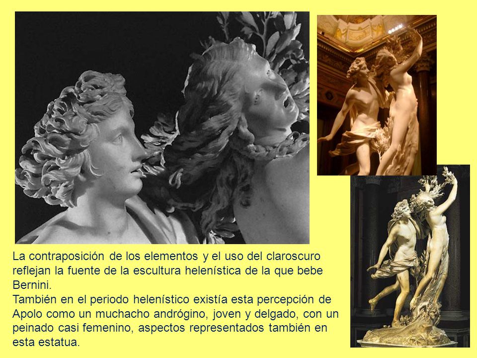 La contraposición de los elementos y el uso del claroscuro reflejan la fuente de la escultura helenística de la que bebe Bernini.