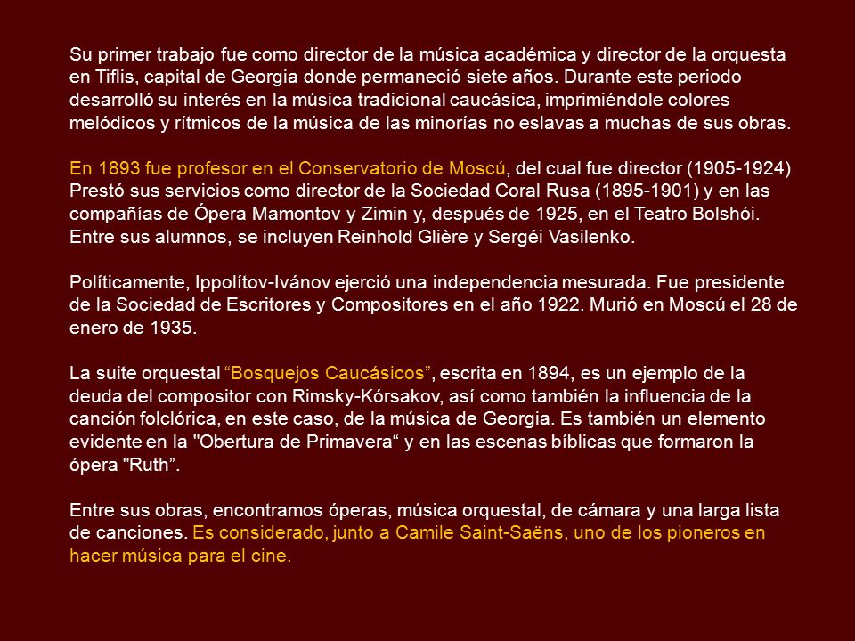 Su primer trabajo fue como director de la música académica y director de la orquesta en Tiflis, capital de Georgia donde permaneció siete años. Durante este periodo desarrolló su interés en la música tradicional caucásica, imprimiéndole colores melódicos y rítmicos de la música de las minorías no eslavas a muchas de sus obras.