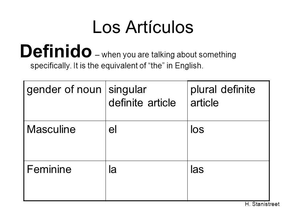 Los Artículos Definido – when you are talking about something specifically. It is the equivalent of the in English.