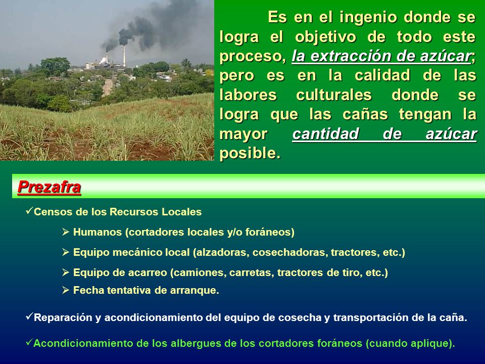 Es en el ingenio donde se logra el objetivo de todo este proceso, la extracción de azúcar; pero es en la calidad de las labores culturales donde se logra que las cañas tengan la mayor cantidad de azúcar posible.