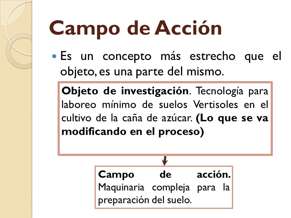 Campo de Acción Es un concepto más estrecho que el objeto, es una parte del mismo.