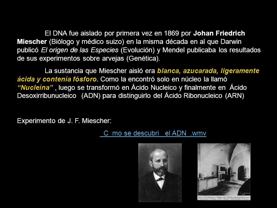 El DNA fue aislado por primera vez en 1869 por Johan Friedrich Miescher (Biólogo y médico suizo) en la misma década en al que Darwin publicó El origen de las Especies (Evolución) y Mendel publicaba los resultados de sus experimentos sobre arvejas (Genética).