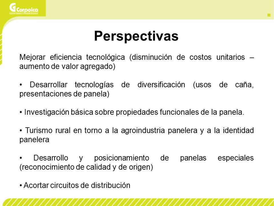 Perspectivas Mejorar eficiencia tecnológica (disminución de costos unitarios – aumento de valor agregado)