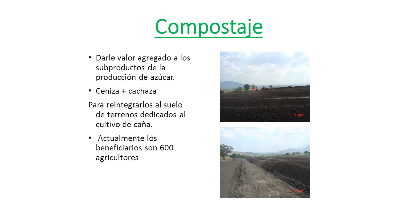 Compostaje Darle valor agregado a los subproductos de la producción de azúcar. Ceniza + cachaza.