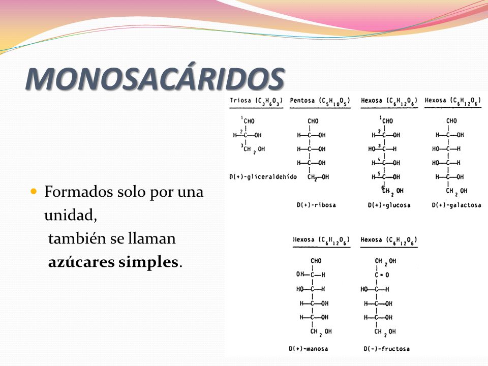 MONOSACÁRIDOS Formados solo por una unidad, también se llaman