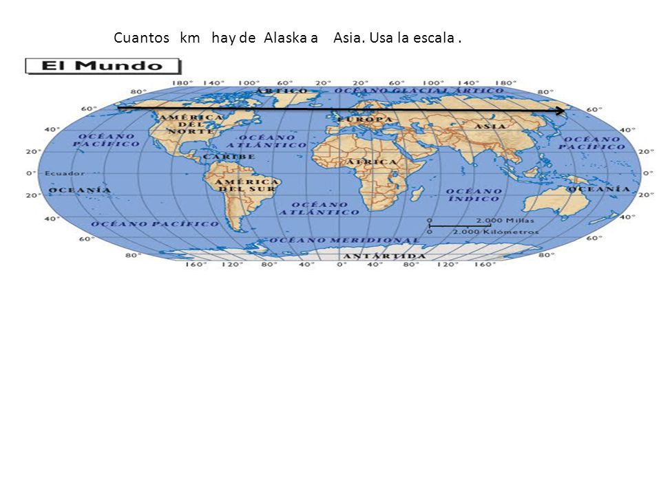 Cuantos km hay de Alaska a Asia. Usa la escala .