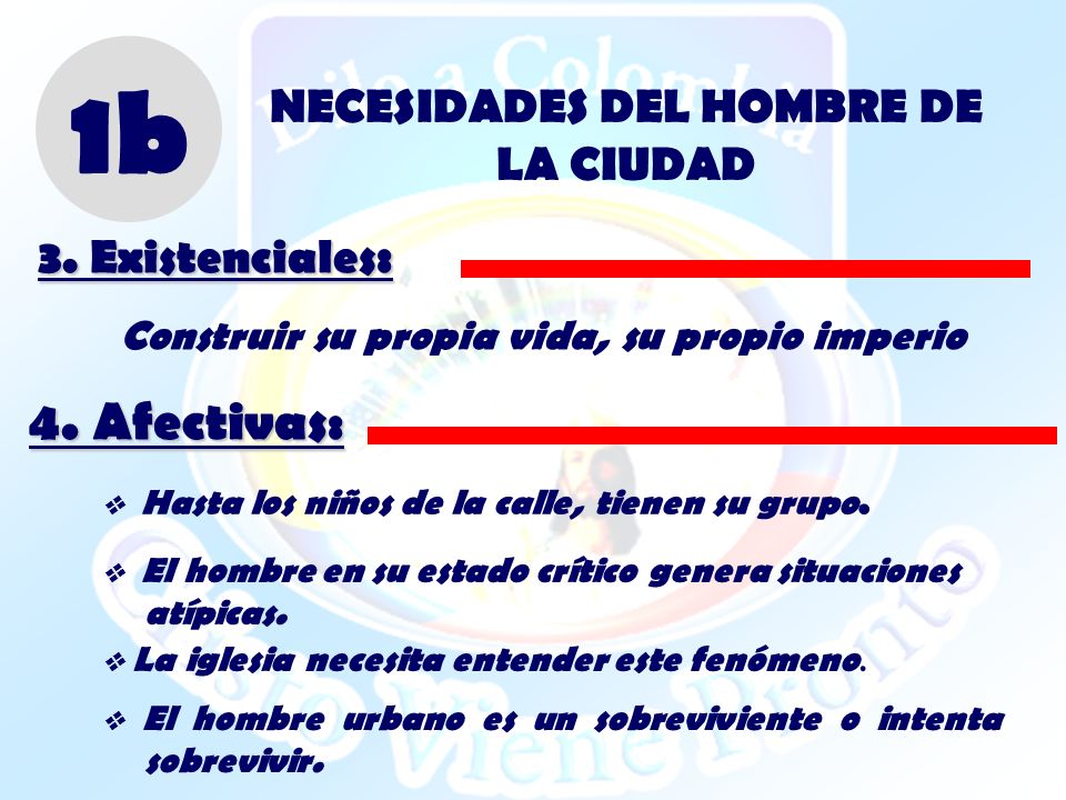 1b 4. Afectivas: NECESIDADES DEL HOMBRE DE LA CIUDAD 3. Existenciales: